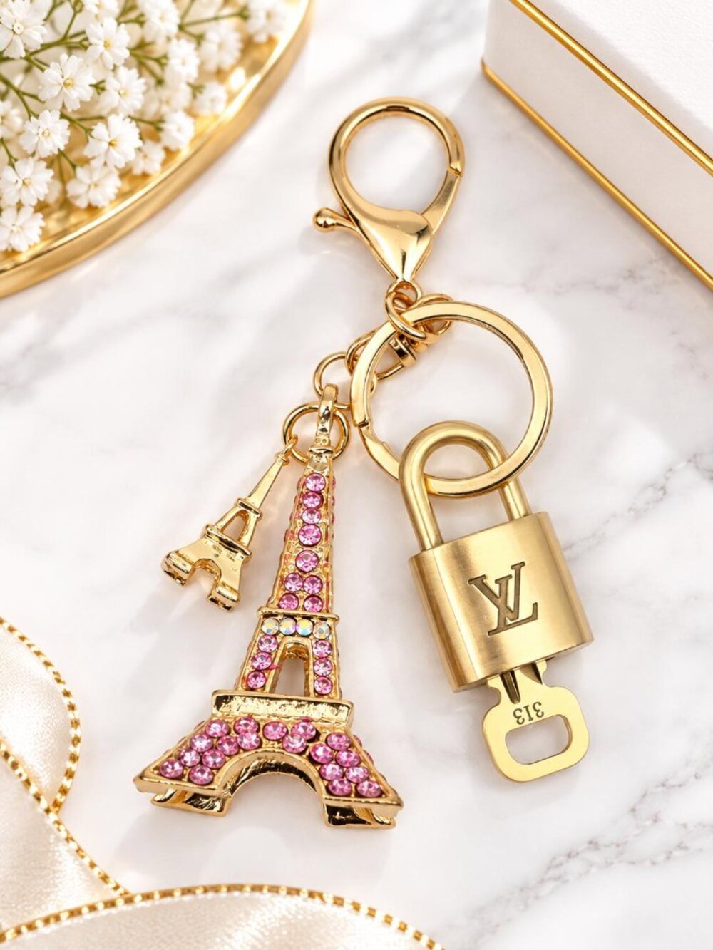 LV Authentic Gold Lock & Key🔑Luxury Bag Charm w/Unbranded Eiffel Tower Keychain